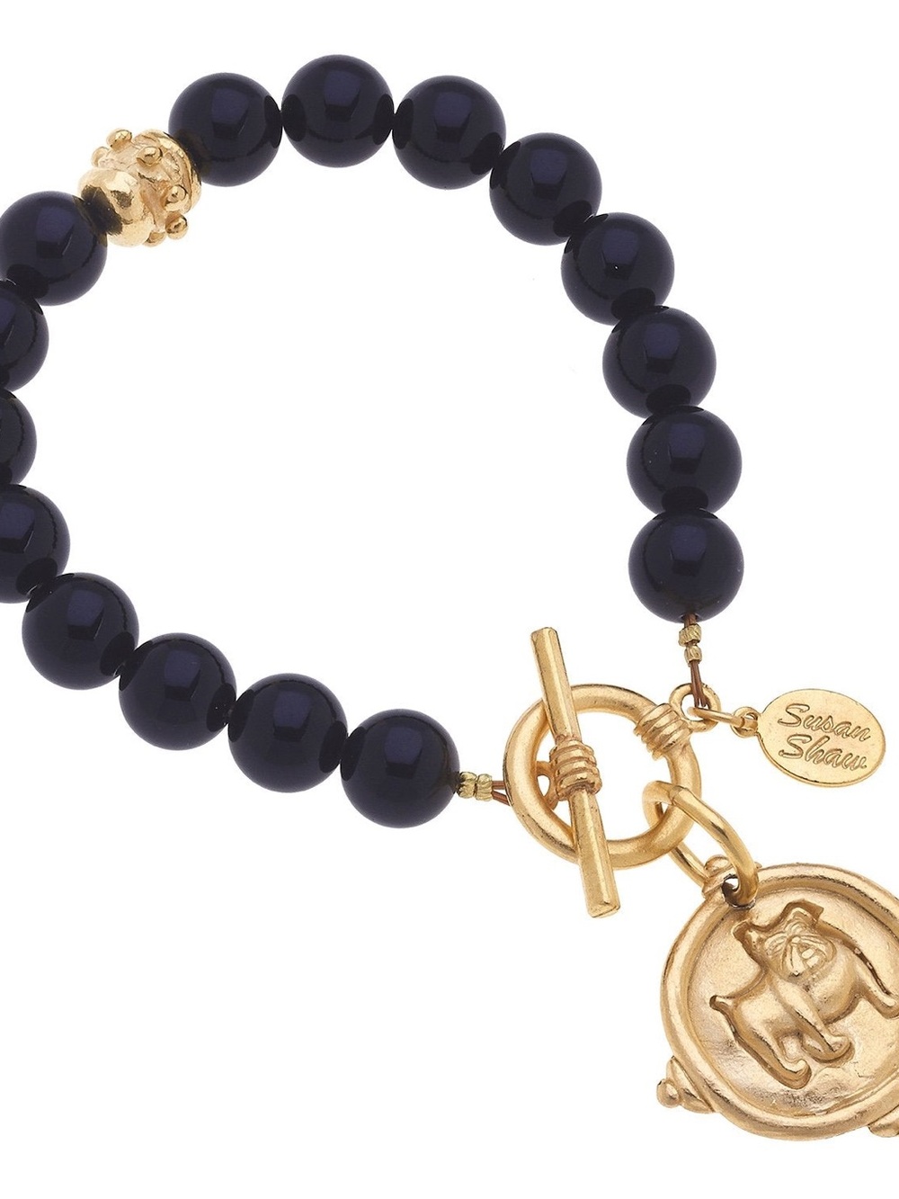 Navy Beaded Toggle Bracelet with Gold Charms